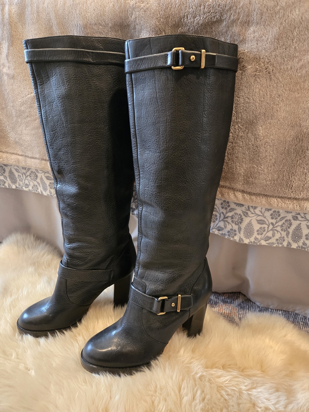 Coach Black Leather Boots with Gold Buckles